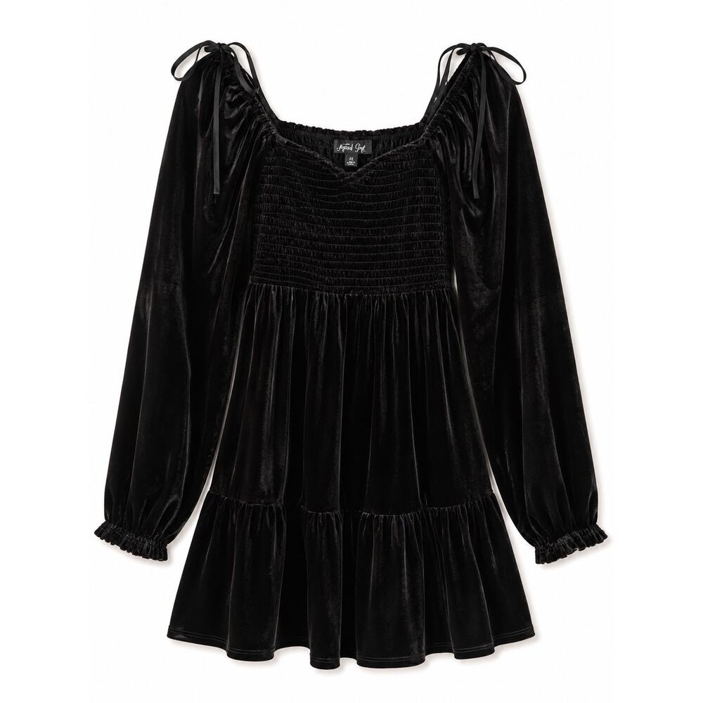 Crystal Sky Black Velvet Babydoll Dress XS Long Sleeve Gothic Cottagecore Mini - Picture 2 of 8